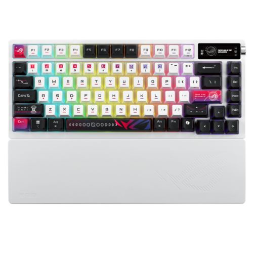 Asus ROG AZOTH X 75% Custom Mechanical RGB Gaming Keyboard, Wireless/Btooth/USB, NX Snow Switches, Dye-Sub & Translucent Keycaps, OLED Display, Control Knob, White Asus ROG AZOTH X 75% Custom Mechanical RGB Gaming Keyboard, Wireless/Btooth/USB, NX Snow Switches, Dye-Sub & Translucent Keycaps, OLED Display, Control Knob, White